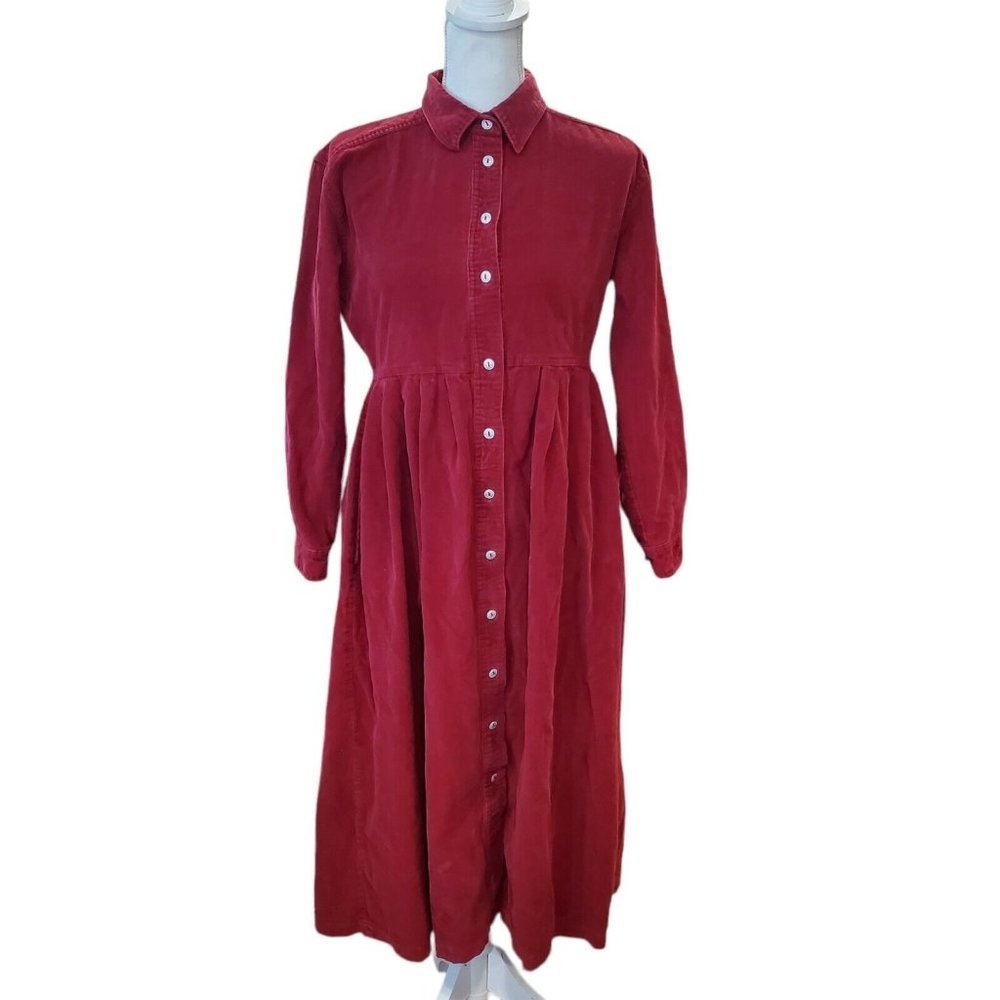 Vintage 90s Dark Red Corduroy Modest Babydoll Midi Shirt Dress Pockets 6 8